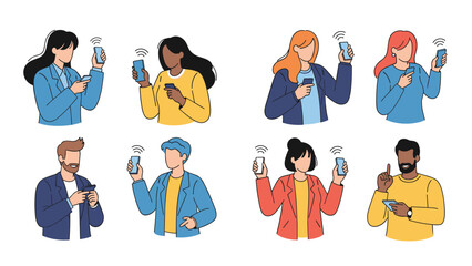 Fototapeta premium Diverse set of people using mobile phones for wireless communication represents social media and modern global connectivity.