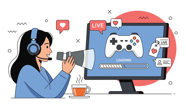 Young female gamer streaming her video game session live with a headset and megaphone for her online audience.