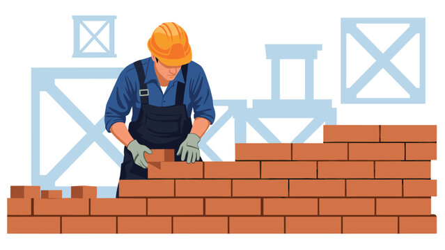 Professional bricklayer in work clothes and a hard hat building a wall signifies construction industry and manual labor expertise.
