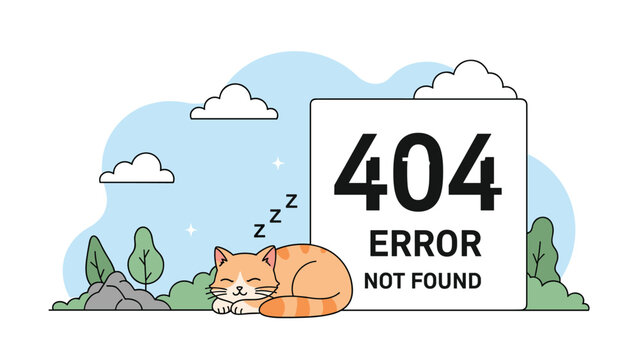 Sleeping cat next to a 404 error page sign in a natural setting represents website downtime and technical maintenance periods.