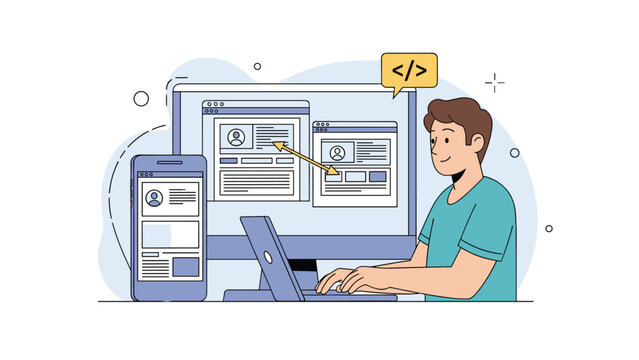 Developer working on multiple screens with website layouts on a desktop and mobile phone shows responsive web design workflow.