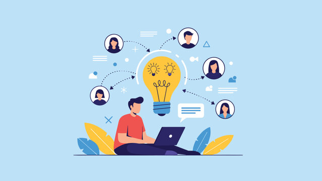 Man working on a laptop with a giant light bulb and connected people icons illustrates teamwork and creative ideas for business.