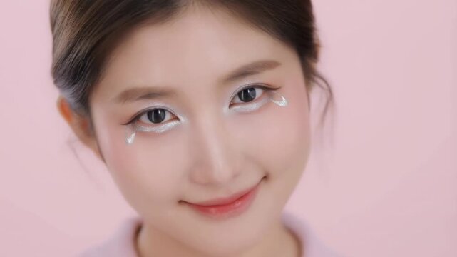 A young woman demonstrates applying unique white makeup accents around her eyes. The process showcases various expressions and techniques for a creative appearance suitable for makeup tutorials