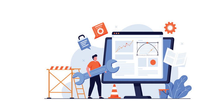 Web developer standing with giant wrench next to computer monitor with website design and analytics representing technical site maintenance.