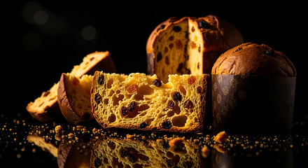Obraz premium Panettone bread with raisins sliced on dark background