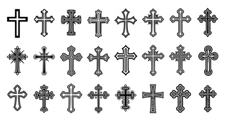 Fototapeta premium Crosses ornate and decorative symbol set with intricate designs and patterns featuring religious symbols, Christian symbols, icons with graphics and