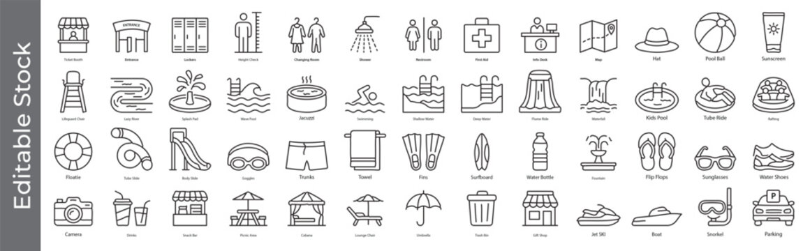 Water park and pool facility icon set &ndash; editable outline symbols of locker, shower, slide, jacuzzi, float, surfboard, lazy river, rafting, sunscreen and swimwear