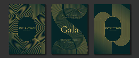 Naklejka na ściany i meble Luxury gala invitation card background vector. Golden elegant wavy gold line pattern on black background. Premium design illustration for wedding and vip cover template, grand opening.