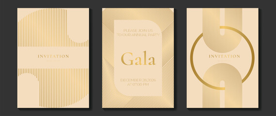 Fototapeta na wymiar Luxury gala invitation card background vector. Golden elegant wavy gold line pattern on black background. Premium design illustration for wedding and vip cover template, grand opening.