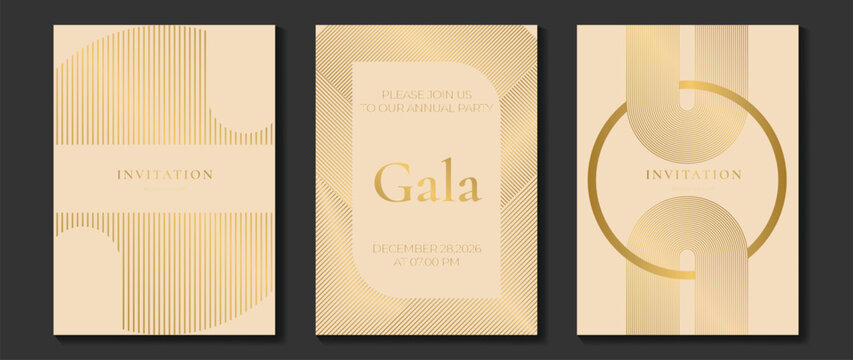 Luxury gala invitation card background vector. Golden elegant wavy gold line pattern on black background. Premium design illustration for wedding and vip cover template, grand opening.