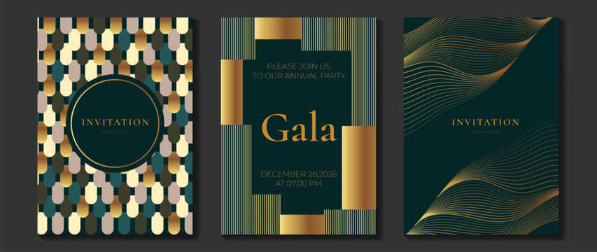 Luxury gala invitation card background vector. Golden elegant wavy gold line pattern on black background. Premium design illustration for wedding and vip cover template, grand opening.