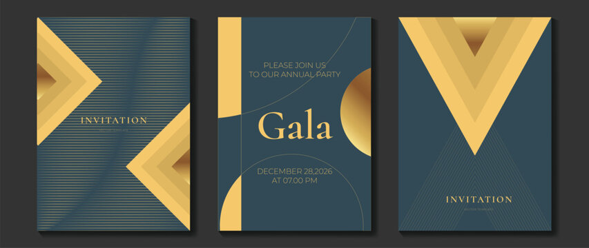 Luxury gala invitation card background vector. Golden elegant wavy gold line pattern on black background. Premium design illustration for wedding and vip cover template, grand opening.