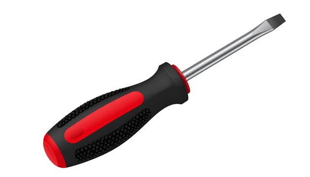 Close-up studio shot of a common flathead screwdriver with a black and red handle, white bkg
