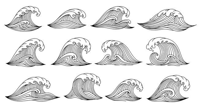 Waves hand drawn set with black curved lines and dynamic ocean swells, various surf wave designs. featuring water graphics, vector graphics, water