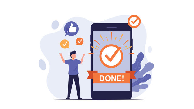 Young man celebrating success in front of smartphone showing done message with checkmarks for project task completion.