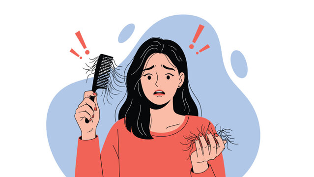 Worried young woman looking at hair loss on her comb and in her hand with exclamation marks showing concern about thinning or balding.