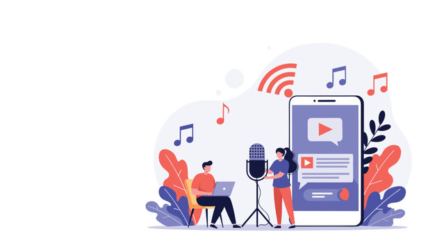 Creative team recording an audio podcast with a microphone and laptop in front of a giant smartphone screen displaying music icons and waves.