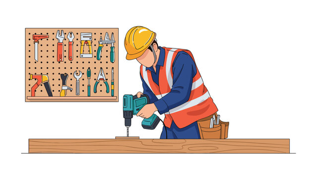 Skilled construction worker in a safety helmet and vest using an electric drill on a wooden plank with a wall of tools in the background.