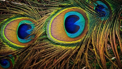 Fototapeta premium Close-up view of peacock feathers, showcasing detailed patterns and vibrant coloration