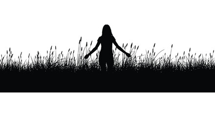 Woman stands in tall grass with arms outstretched a dark silhouette © nhpvect02