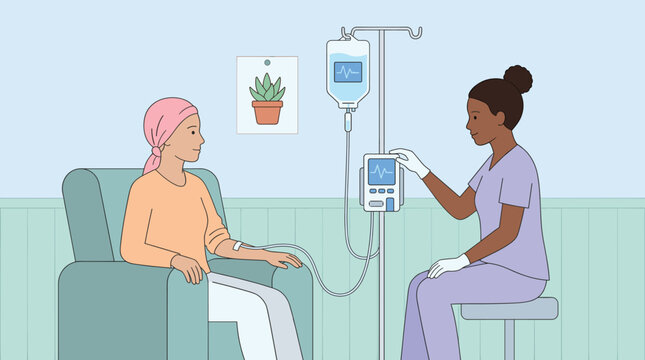 Nurse administers IV chemotherapy treatment to a cancer patient. Emphasizes medical care, support, and hope