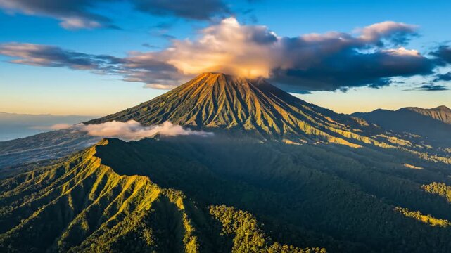 Majestic volcano peak glowing under dramatic sunset clouds in Indonesia