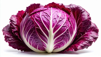 Obraz premium Vibrant radicchio head with intricate leaf patterns on white background.