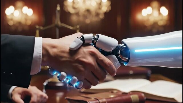 Human and robotic hand shaking in business meeting.