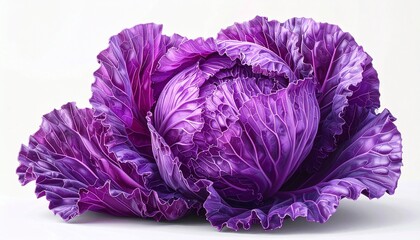 Obraz premium Vibrant Red Cabbage Head with Textured Leaves on White Background.