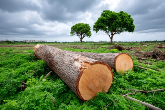 Logs lying on forest clearing for deforestation development
