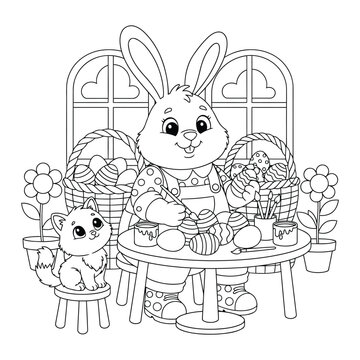 Easter bunny painting decorated eggs with kitten at table in cozy spring room