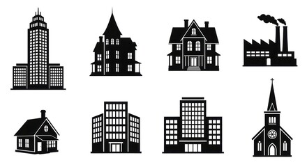Fototapeta premium Black and white cityscape icons set with various buildings houses and church silhouettes on plain background