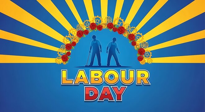 Labour day celebration with two workers under a floral arch on a sunny blue background with yellow rays