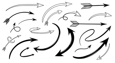 Obraz premium Arrows hand drawn set with black curved lines and pointed tips in various directions and styles featuring direction, movement, icons with graphics
