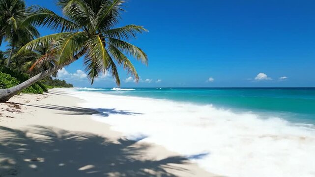A tropical beach with palm trees and crashing ocean waves on a sunny day