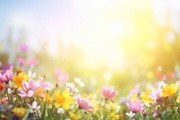 Colorful flowers in the garden with sunlight and bokeh background. Spring background with flowers