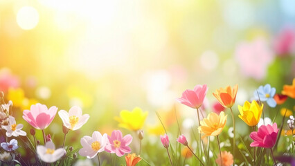 Colorful flowers in the garden with sunlight and bokeh background. Spring background with flowers
