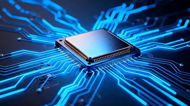 Microchip on glowing circuit board