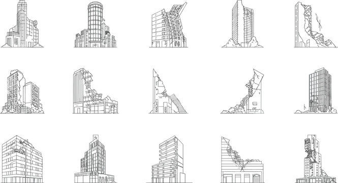 Damaged buildings illustration set showing earthquake destruction cracked structures urban disaster ruins line art vector collection design