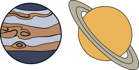Cartoon planets illustration featuring Jupiter and Saturn with rings in simple colorful space design © Monjurul
