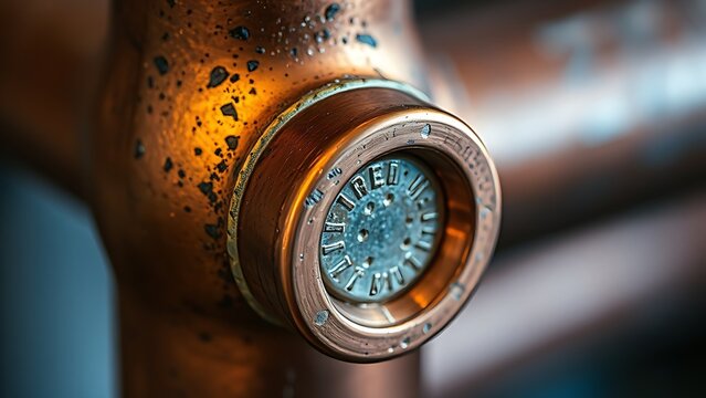 brazed. Close-up of a copper pipe joint with a shiny brazed seam and oxidation. safety posters, maintenance manuals, designed for industrial assembly lines and welding operations, used by engineers.
