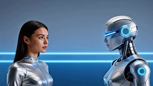 Woman and robot face to face