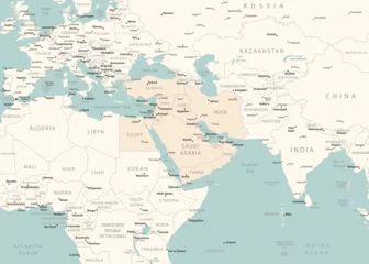 Detailed political map of Middle East, and parts of Asia, Europe and Africa showing countries, capitals, major cities. © gt29