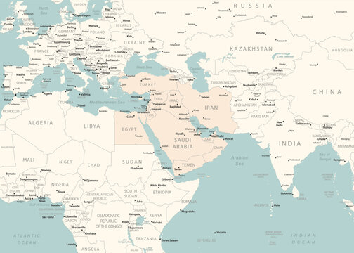 Detailed political map of Middle East, and parts of Asia, Europe and Africa showing countries, capitals, major cities.