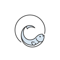 Fototapeta premium Minimalist pet logo icon featuring a light blue fish within a circular outline, perfect for aquarium branding, marine education, aquatic pet care, or eco-friendly design themes.