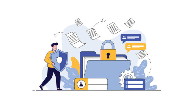 Security expert uses a shield to protect a digital folder secured with a large padlock from unauthorized file access.