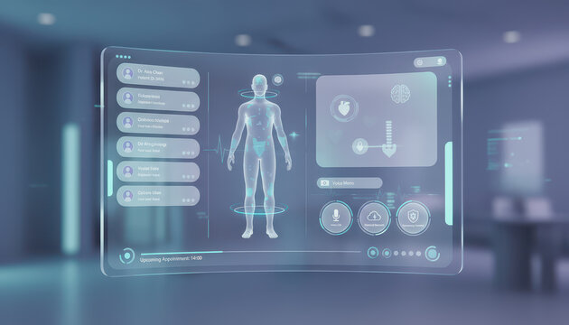 Futuristic medical interface showing human body scan and health data with holographic display in clinical environment