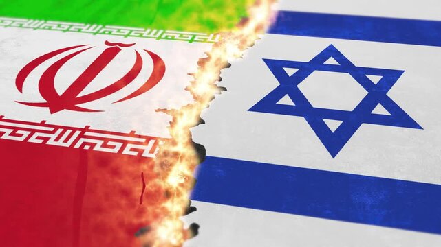 Video animation of the flags of Iran and Israel. Break between state symbols. Fire and explosions. Concept of political conflict with Israel. Severance of relations with Iran. 