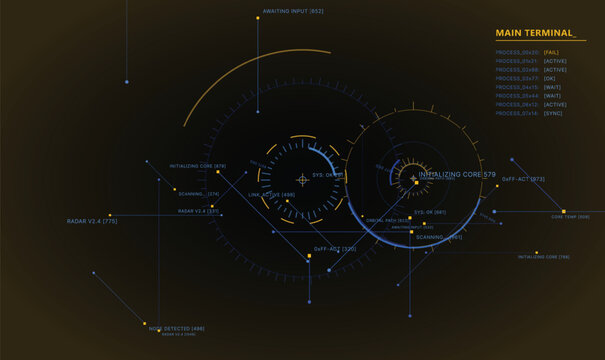 Futuristic HUD interface background vector layouts display glowing orange and blue radar targeting circles. Enhance sci-fi game UI designs using this modern graphic design illustration. 