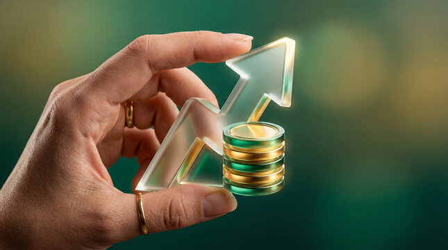 Hand holding transparent arrow with gold coin stack, symbolizing financial growth and investment success in blurred green background, conveying optimism and prosperity